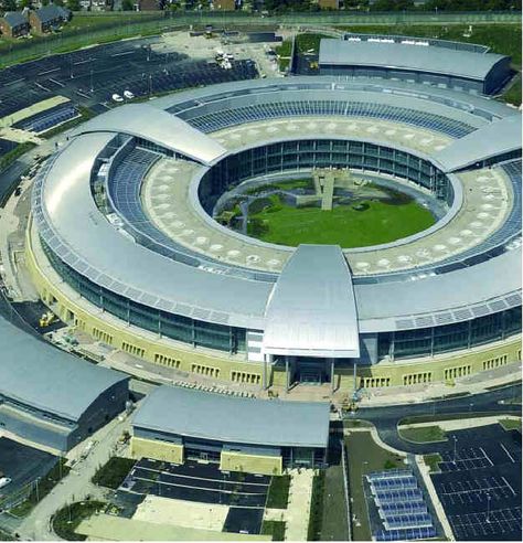 GCHQ (Government Communications Headquarters) building based in Cheltenham, UK Government Building Architecture, Architect Ideas, American Advertising, Headquarters Building, Government Building, Science Fiction Artwork, Building Architecture, Minecraft Ideas, Data Center