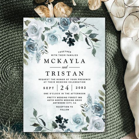 $2.65 | Elegant Dusty Blue Floral Watercolor Navy Wedding #dusty blue wedding, light watercolor and greenery garden, elegant floral spring modern roses, summer sage green leafy themed, pastel periwinkle steel navy rose, eucalyptus thistle leaf branch wreath, vintage gray cornflower slate color, autumn fall woodland dusky colored, country pale wildflower winter white, rustic french botanical bohemian flowers Pastel Periwinkle, Floral Rustic Wedding, Navy Wedding Invitation, Popular Wedding Invitations, Wedding Invitation Trends, Invitations Ideas, Spring Wedding Invitations, Navy Wedding Invitations, Winter Wedding Invitations