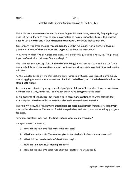 Reading Comprehension Worksheets | Twelfth Grade Reading Comprehension Worksheets 8th Grade Reading, Improve Reading Comprehension, Final Test, Reading Comprehension Passages, Comprehension Passage, Comprehension Worksheets, Exam Papers, Reading Comprehension Worksheets, 8th Grade