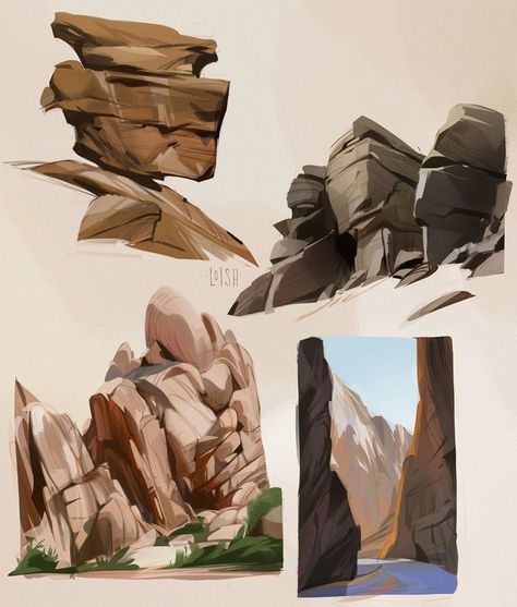 loish on Instagram: “Rocks have always been a challenge for me, since I usually draw soft and round shapes! So I did some rock studies to try and capture the…” Rocks And Mountains, Digital Painting Techniques, Rock Textures, Drawing Studies, Background Drawing, Digital Painting Tutorials, 3d Texture, Environment Concept Art, Digital Art Tutorial