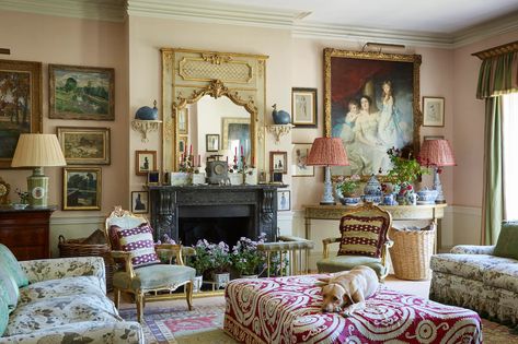 Penny Morrison's country house in Wales | House & Garden Penny Morrison, Damask Curtains, Period Living, French Village, French Country Living Room, Pink Living Room, White Linen Bedding, Armchair Slipcover, Country Living Room