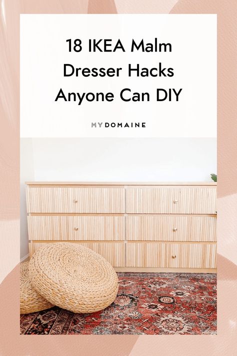 Whether you already have an IKEA Malm dresser that you’re looking to spruce up, or you’re searching for a piece of furniture you can transform, you’ve come to the right place. There are tons of IKEA Malm dresser hacks worth recreating, and they’ll give you all the inspiration you need! #IKEA #IKEAMalmDresser #IKEAHack #MyDomaine Diy Ikea Dresser Makeover Malm, Ikea Malm Boho, Ikea Trysil Hack, Stacking Ikea Malm Dressers, Add Legs To Malm Dresser, Ikea Malm Transformation, Ikea Malm 6 Drawer Dresser Hack, Gursken Chest Of Drawers Hack, Malm Dresser Wallpaper