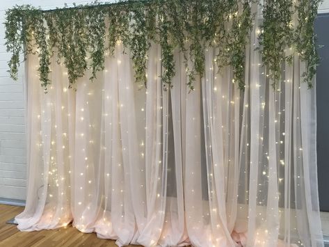 Blush Backdrop, greenery, curtain lights Wedding Backdrop With Lights, Curtain Lights Wedding, Backdrop Lights, Curtain Backdrop Wedding, Backdrop With Lights, Wedding Backdrop Lights, Tulle Backdrop, Greenery Background, Waterfall Lights