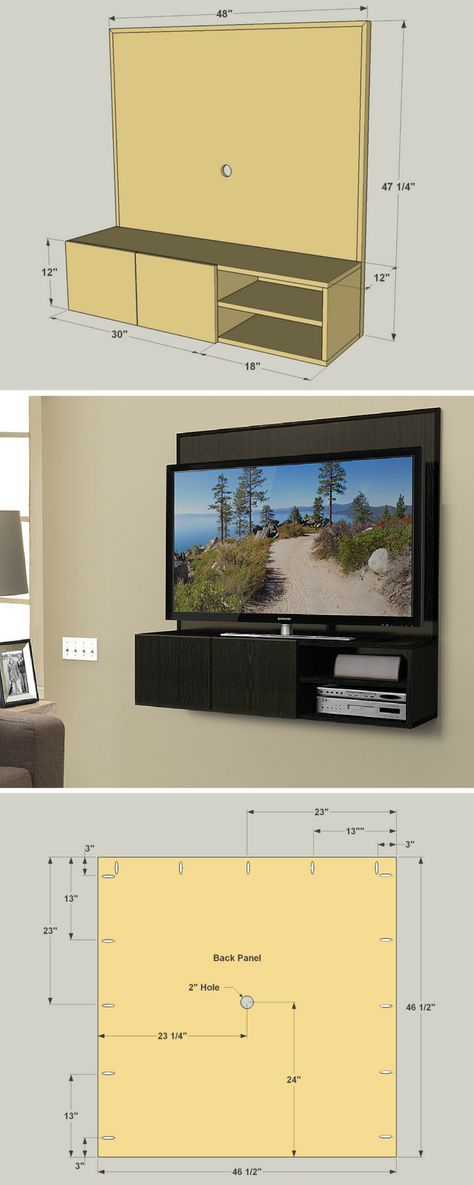 This wall-mounted media cabinet takes a new approach to the traditional “entertainment center.” It hangs on the wall, allowing you to mount your TV to it, and then keep small media components on the shelves below. Wires hide behind the back panel. FREE PLANS at buildsomething.com Wall Mount Entertainment Center, Eksterior Modern, Bike Wall, Play Kitchens, Flat Screen Tv, Bilik Tidur, Media Cabinet, Estantes Flotantes, Wall Mounted Tv