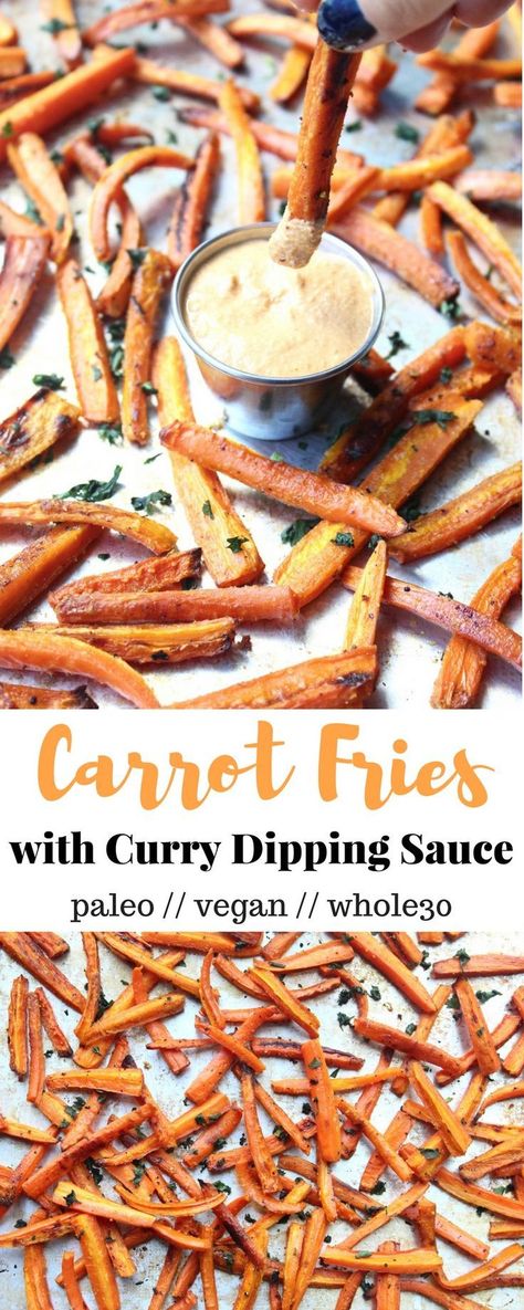 A twist on classic french fries, these baked Healthy Carrot Fries with curry dipping sauce make the perfect vegetable side. They are vegan, paleo, dairy free, & Whole30 approved! - Eat the Gains Healthy Carrot Fries, Curry Dipping Sauce, Easy Vegetable Side Dishes, Recipes Meat, Carrot Fries, Vegetable Side, Recipe 30, Paleo Snacks, Food Choices