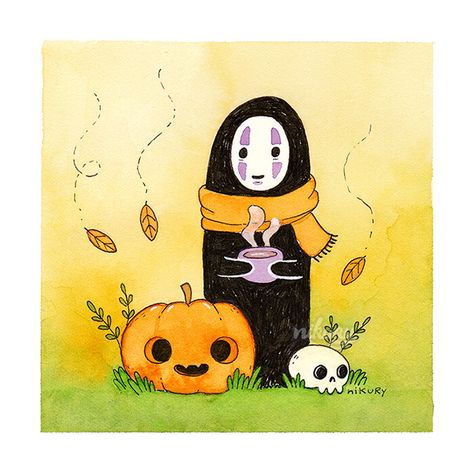 Ghibli Halloween, Watercolor And Ink Illustration, Sticker Poster, Studio Ghibli Movies, Halloween Painting, Ink Illustration, Ghibli Movies, Ink Illustrations, Painting Art Projects