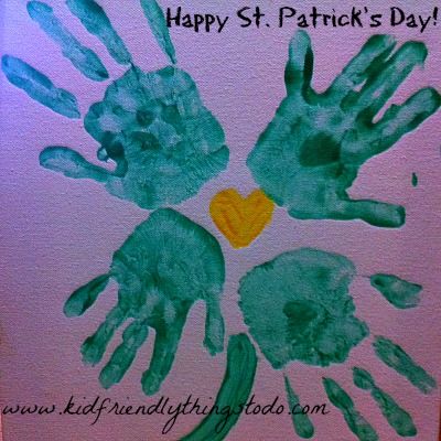 Four Leaf Clover Hand Print Art. A cute kid's St. Patrick's Day Craft! Clover Handprint Art, Four Leaf Clover Crafts For Toddlers, Saint Patrick’s Day Handprint Art, Saint Patrick’s Art For Kids, At Patrick’s Day Handprints, Baby Feet Crafts, Family Hand Prints, Baby Footprint Crafts, Thumbprint Art