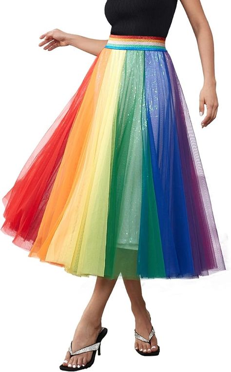 Amazon.com: Dwirapal Sequin Long Tulle Skirt 4 Layered Flowy Fairy Sparkle Party Mesh Tea Length Big Hem Skirts for Women : Clothing, Shoes & Jewelry Tulle Rainbow, Long Tulle Skirt, Midi Skirt Casual, Flowy Maxi Skirt, Long Tutu, Tulle Long Skirt, Rainbow Skirt, Comfortable Skirts, Sparkle Party