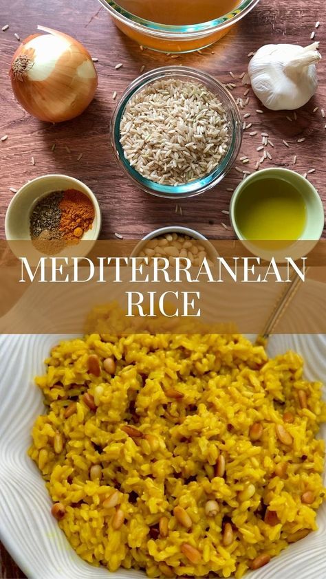 This Mediterranean Rice is made with brown rice, vegetable broth, onion, garlic, spices, and toasted pine nuts. It is so fragrant and flavorful and perfect to serve alongside your favorite Mediterranean meal! #MediterraneanRecipes #HealthyRice #stoneSoupBlog Mediterranean Brown Rice Recipes, Mediterranean Brown Rice, Greek Brown Rice, Mediterranean Diet Brown Rice Recipes, Mediterranean Rice Recipes, Mediterranean Rice, Mediterranean Rice Recipe, Healthy Brown Rice, Brown Rice Pilaf