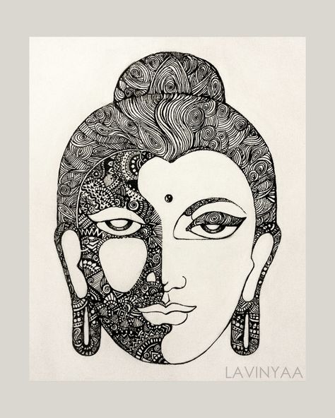 Buddha|Doodle|Art by Lavinyaa Chanthiran Buddha Zentangle Art, Buddha Doodle Art, Mandala Art Buddha, Micron Art, Madhubani Paintings Peacock, Black Pen Drawing, Buddha Doodle, Surrealism Drawing, Tree Painting Canvas