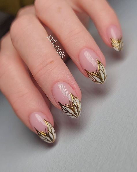 @jarknails on Instagram: “Golden butterfly 🦋 Inspo: @thehotblend 💗 For detailed/bespoke nail art needed to be informed in advance to avoid any disappointment.…” White And Gold Butterfly Nails, Dragonfly Nail Art, Beauty And The Beast Nails, Gold Accent Nail, Butterfly Nail Designs, Beauty And The Beast Theme, Butterfly Nail Art, White Nail Designs, Butterfly Nail