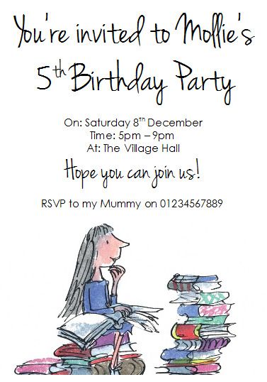 Matilda Birthday Party Ideas, Matilda Birthday Party, Matilda Themed Party, Matilda Party, Roald Dalh, Roald Dahl Matilda, Card Party, Birthday Invites, Birthday Themes