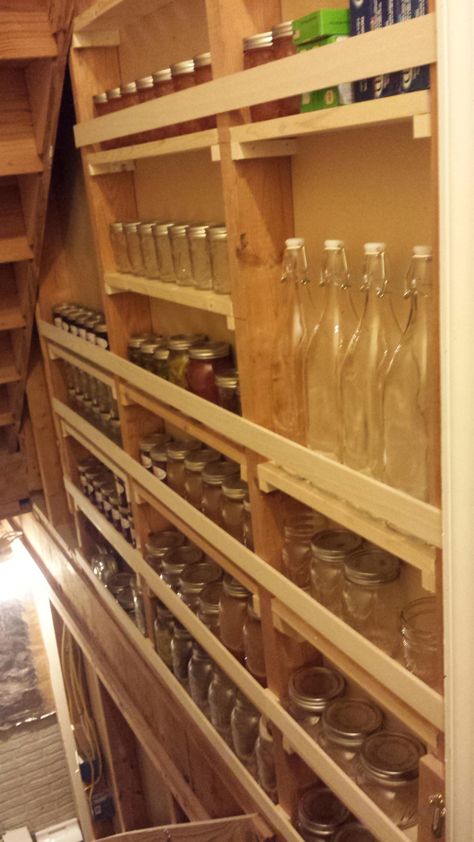 Made some canning supply storage in my basement stairwell Canning Closet Under Stairs, Canning Supplies Storage, Canning Supply Storage, Basement Stairs Storage, Canning Room, Stairway Storage, Basement Stairway, Canning Jar Storage, Basement Stairwell