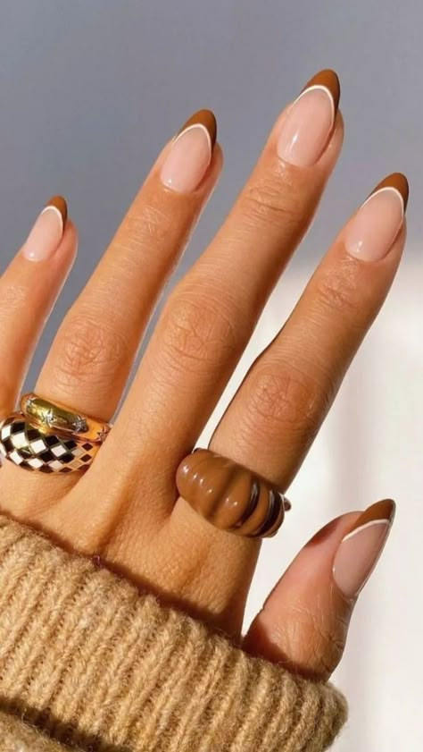 these brown almond shaped french nails are super cute for fall nail inspo! Fall Nails 2023, Kutek Disney, Thanksgiving Nail Designs, Nails For Fall, Simple Fall Nails, Fall Nail Trends, Cute Nails For Fall, Green Nail Designs, Nagel Tips