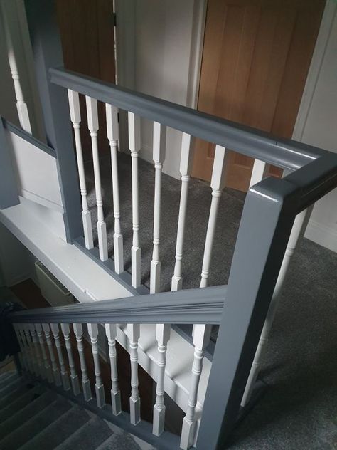 Grey White Staircase, White And Grey Bannister, Grey Banisters And Railings, Grey And White Painted Stairs, Staircase Grey And White, Grey And White Stairs And Landing, Coloured Banisters Stairways, Gray And White Staircase, White And Grey Staircase