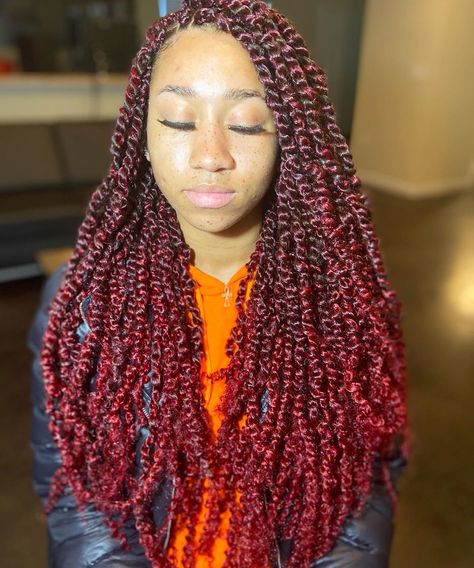 Red Twists Black Women, Passion Twist Braids Hairstyles, Red Passion Twists, Passion Twist Braids, Twist Braids Hairstyles, Red Box Braids, Braiding Hairstyles, Barbie Hairstyle, Passion Twists