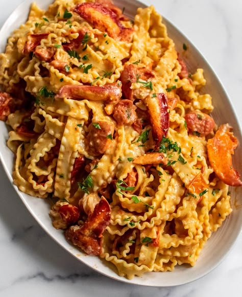 Creamy Tomato Seafood Pasta, Lobster Vodka Pasta, Spicy Lobster Pasta, Elevated Pasta Dishes, Lobster Meal Ideas, Sea Food Pasta Recipes, Lobster Rigatoni, Langostino Pasta, Shrimp And Lobster Pasta