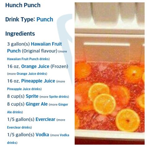 Hunch Punch! :) Perfect for a party! Just cut up your fruit, pour the drinks over it, let it all soak for 24-48 hours for more flavor, and BOOM! Done! :) Hunch Punch Recipe, Hunch Punch, Dirty Drinks, Ginger Ale Drinks, Drinks With Pineapple Juice, Liqueur Recipes, Punch Drink, Orange Juice Drinks, Drink Recipies