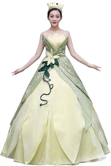 COSKING Frog Princess Costume for Women Deluxe Cosplay Dress Hand Sewing Leaf Design Princess Costume For Women, Tiana Cosplay, Frog Cosplay, Adult Princess Costume, Princess Tiana Costume, Tiana Costume, Tiana Dress, Best Couples Costumes, Costume Princess