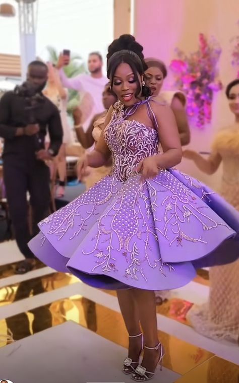 Purple Reception Dress For Bride, Purple Gala Dress Short With Train, Purple African Wedding Dress, Purple African Wedding Dresses, Purple African Dress Ankara Styles, Dinner Gown, Lace Dress Classy, Wedding Outfits For Women, Fancy Short Dresses