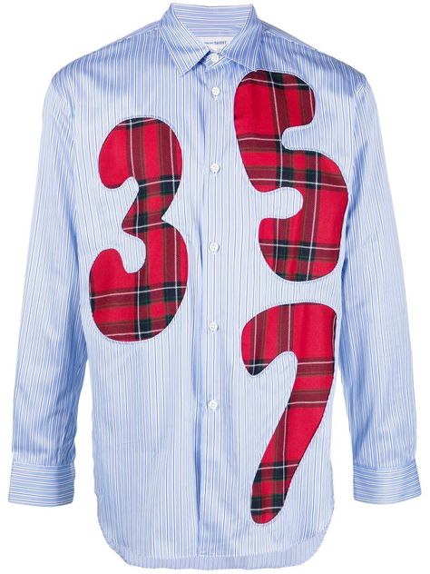 number-patch long-sleeve shirt from COMME DES GARÇONS SHIRT featuring blue, multicolour, cotton, wool, vertical stripe pattern, number patch to the front, number patch to the rear, classic collar, front button fastening, long sleeves, buttoned cuffs and curved hem. | Comme des Garçons Shirt Number-Patch Long-Sleeve Shirt Patch Shirt, Fits Aesthetic, Patches Shirt, Diy Jacket, Blue Tartan, Comme Des Garcons Shirt, Bowling Shirts, Cotton Wool, Comme Des Garcons