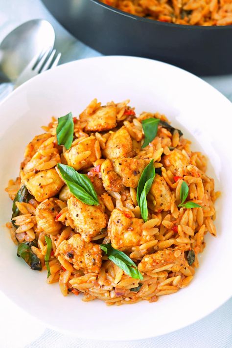 This Tomato Ricotta Pesto Pasta is easy to make in 30 minutes and boasts the most incredible flavors! Tender chicken pieces, a creamy tomato ricotta pesto sauce, orzo and fresh basil come together to create a simple and satisfying meal that will elevate your weeknight dinner! | #pasta #pesto #tomatopesto #highprotein #highproteinmeals #mealprep #dinner #easyrecipes #pestopasta #chickenpestopasta #tomatoricottapasta #orzo | That Spicy Chick Creamy Tomato Pesto Pasta, Chicken Pesto Tomato Pasta, Roasted Tomato And Ricotta Pasta, Tomato Ricotta Pesto Pasta, Roasted Tomato And Garlic Ricotta Pasta, Recipes Using Pesto, Pesto Pasta Dishes, Paprika Pasta, Pesto Orzo