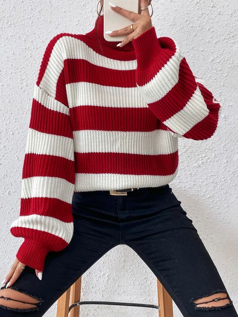 Red And White Sweater Outfit, Red And White Striped Sweater, Big Knit Sweaters, Red And White Sweater, Red Striped Sweater, Ootd Sweater, Pattern Turtleneck, Red Pullover Sweater, Red Pullover