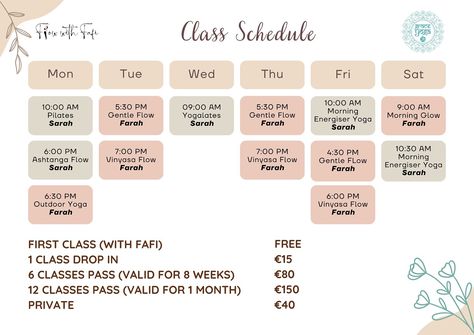 Join us for weekly group yoga classes at Flow with Fafi studio! 🧘‍♀️✨ Here’s our weekly schedule, filled with invigorating classes led by both Fafi from Flow with Fafi and Sarah from Grace Yoga and Healing: 🌿 Monday: -10:00 AM: Pilates with Sarah -6:00 PM: Ashtanga Flow with Sarah - 6:30 PM: Outdoor yoga with Fafi ☀️Tuesday: -5:30 PM: Gentle Flow with Fafi -7:00 PM: Vinyasa Flow with Fafi 🌸 Wednesday: - 9:00 AM: Yogalates with Sarah 🌻Thursday: -5:30 PM: Gentle Flow with Fafi -7:00 PM: Vi... Yoga Schedule, Group Yoga, Vinyasa Flow, Outdoor Yoga, Class Schedule, Weekly Schedule, Yoga Room, Studio Ideas, Yoga Classes