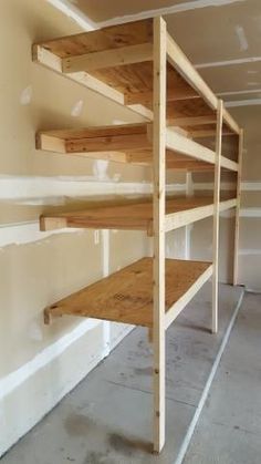 Wooden Garage Shelves, Officine In Garage, Mike Montgomery, Diy Storage Shelves, Garage Organisation, Storage Shed Organization, Garage Workshop Organization, Garage Shelves, Garage Storage Shelves