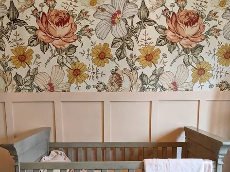 Girl Neutral Nursery Ideas, Girl Nursery With Wallpaper, Wainscoting Nursery Girl, Baby Girl Nursery Accent Wall, Wallpaper With Wainscoting, Nursery Mural Ideas, Baby Nursery Murals, Rocky Mountain Decals