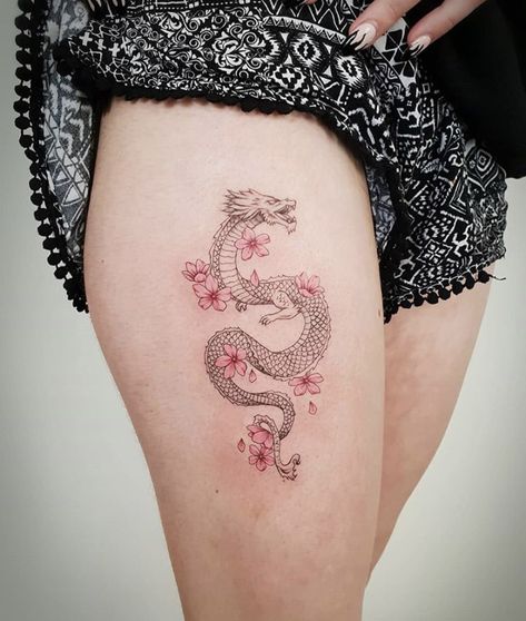 Feminine Dragon Tattoo For Women, Good Luck Tattoos, Dragon Tattoo With Flowers, Luck Tattoos, Good Luck Tattoo, Chinese Dragon Tattoo, Dragon Thigh Tattoo, Luck Tattoo, Chinese Dragon Tattoos