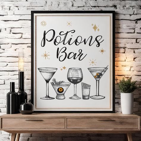 Double Double Toil and Trouble! Add some pizazz to your Halloween Party with this "Potions Bar" Bar Cart Sign or Wall Hanging. The Bar's open! *I also have a similar print in a black option available in my store, as seen in the listing photos. https://www.etsy.com/listing/1087646142/potions-bar-halloween-bar-cart-sign?ref=shop_home_active_2  Welcome to Frock Star Designs! Personalize your space with more of these unique printable images. Liven and brighten up your home or office. Give your living room a boost. Add zest to your boudoir.  Bring inspiration to your home office. Spice up your kitchen. Put some personality into the powder room. Enliven the nursery. They even make great last-minute gifts. Happy shopping! This listing is for a ready to print 8x10 (formatted on 8.5x11 letter-size Bar Halloween Decorations, Halloween Decorations For A Bar, Halloween Home Bar Decor, Potion Bar Halloween, Halloween Bar Decor, Halloween Bar Sign, Skeleton Party Decorations, Halloween Bar Chalkboard Art, Halloween Bar Cart