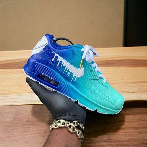 Custom Turquoise Airmax 90 - Kiaun's Customs LLC Turquoise Sneakers, Cool Nike Shoes, Sequin Sneakers, Shoe Goals, Casual Shoes Women Sneakers, Nike Shoes Women Fashion, Nike Custom, Clothes Board, Jordan 13 Shoes