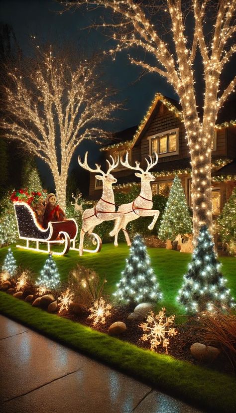 Front Yard Christmas Light Display, Christmas Light On Trees Outdoor, Christmas Lights In Outdoor Trees, Christmas Tree Front Yard, Christmas Front Yard Decorations, Christmas Decoration Front Yard, Christmas Decor Ideas For Front Yard, Christmas Lights Front Yard, Christmas Decor Ideas Front Yard