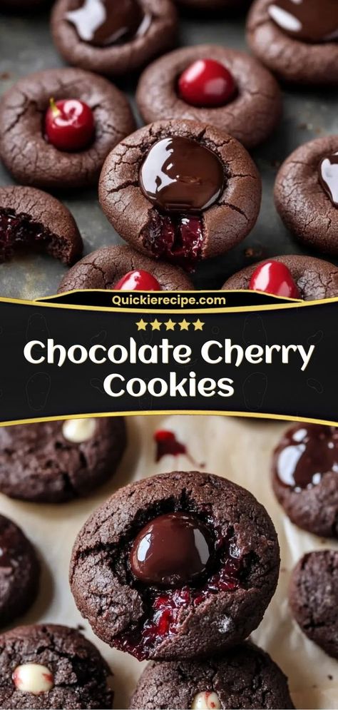 These Chocolate Cherry Cookies are soft, chewy, and packed with rich chocolate and sweet cherries. A perfect treat for dessert lovers! Ingredients: 1 cup flour 1/2 cup cocoa powder 1/2 cup dried cherries 1/2 cup sugar A decadent, fruity cookie that’s perfect for any occasion" Chocolate Cover Cherry Cookie, Chocolate Cherry Desserts Easy Recipes, Chocolate Cherry Cordial Cookies, Chocolate Covered Cherry Desserts, Cherry Bounce Recipe With Honey, Double Chocolate Cherry Cookies, Dark Chocolate Cherry Cookies, Desserts With Maraschino Cherries, Cherry Baked Goods