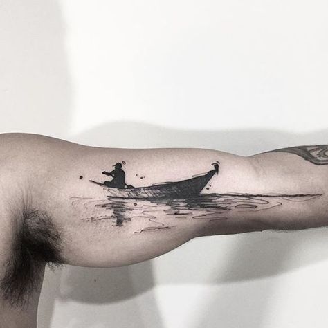 Boat Tattoo, Forest Tattoos, Cool Forearm Tattoos, Chest Piece Tattoos, Arm Band Tattoo, Hand Tattoos For Guys, Band Tattoo, Time Tattoos, Abstract Tattoo