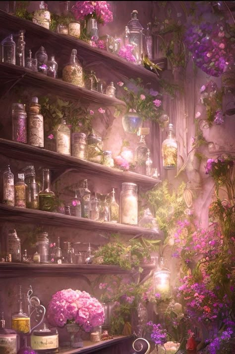 Herbs And Potions Aesthetic, Apothecary Aesthetic Wallpaper, Potion Greenhouse, The Lost Apothecary Fanart, Fantasy Flowers Aesthetic, Flower Fantasy Aesthetic, Light Apothecary Aesthetic, Potion Aesthetic Bottle, Apothecary Shop Fantasy Art