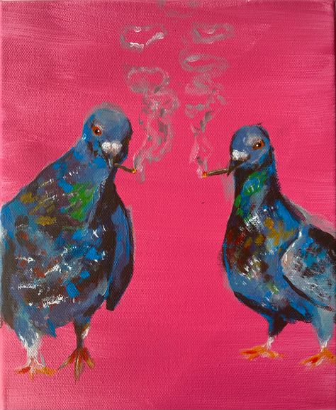 Pink background colorful pigeons smoking weed Pigeon Acrylic Painting, Poussin Painting, Pigeons Painting, Bathroom Collage, Pigeon Painting, Pigeon Drawing, Pigeon Illustration, Pigeon Tattoo, Pigeon Art