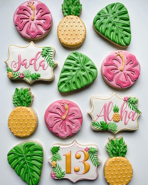 Tropical Theme Cookies Decorated, Hawaii Theme Cookies, Hawaii Cookies Decorated, Luau Birthday Cookies, Hawaiian Birthday Cookies, Luau Decorated Cookies, Aloha Cookies Decorated, Tropical Birthday Cookies, Tropical Cookies Royal Icing