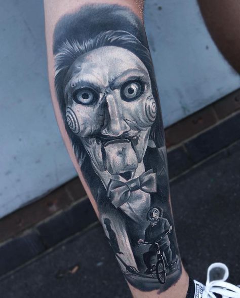 Jigsaw Tattoo, Rip Tattoos For Dad, Gas Mask Tattoo, Horror Movie Tattoos, Skull Girl Tattoo, Clown Tattoo, Movie Tattoos, Wicked Tattoos, Scary Tattoos