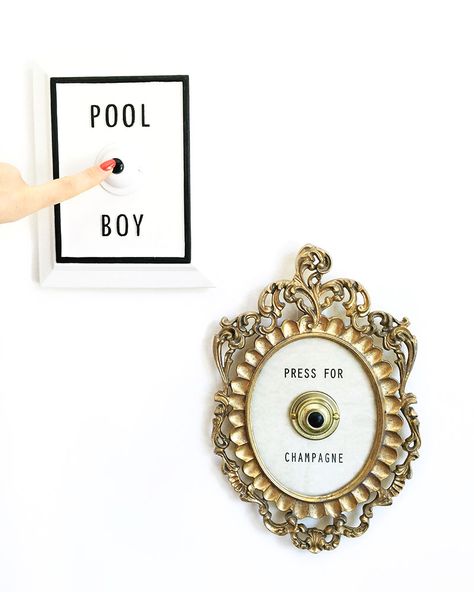 PRESS FOR CHAMPAGNE / POOL BOY BUTTON #kellygolightly Press For Champagne Button, Champagne Button, Press For Champagne, Cool Desk Accessories, Happy Memorial Day Weekend, Kate Spade Bridal, Pool Boy, Frances Valentine, Happy Memorial Day