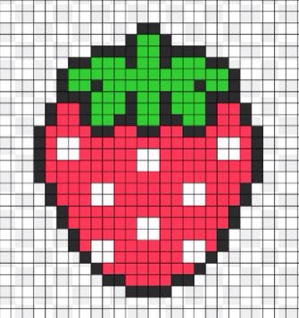 Easy Pixel Art Strawberry, Pixel Art Pattern Strawberry, Strawberry Tapestry Crochet Pattern, Strawberry Kandi Pattern, Strawberry Crochet Graph, Strawberry Pixel Art Grid, Strawberry Tapestry Crochet, Strawberry Pixel Grid, Strawberry Cow Pixel Art