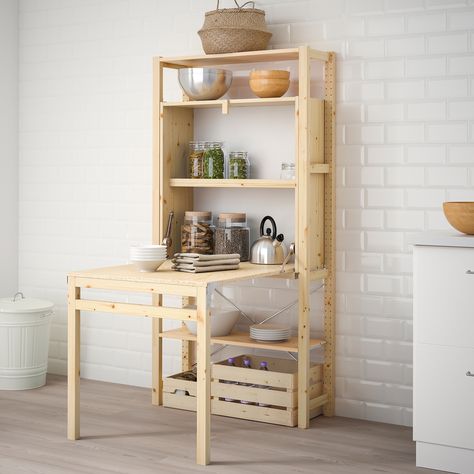 IVAR Shelving unit with foldable table. Since IVAR storage system is so good at what it does, it has faithfully served customers’ needs across the home for over 50 years. Attics, living rooms, pantries and bedrooms – they all love IVAR. Kitchen Table With Storage, Painted Table Tops, Top Kitchen Table, Side Units, Ikea Ivar, Foldable Table, Closet System, Shelf Unit, Kitchen Tops