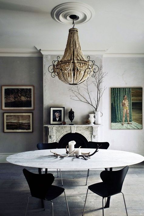 Moody palette walls with a glamorous chandelier and a few modern furnishings Dining Room Table Marble, Chic Dining Room, Abigail Ahern, King Richard, Gallery Walls, Cowhide Rug, Dining Room Inspiration, Modern Dining Room, Dining Room Design