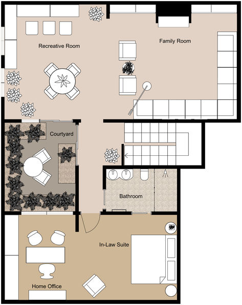 A beige 2D floor plan of an in-law suite with a courtyard in the center and the suite closing around it. Basement In Law Suite, Suite Layout, Mother In Law Suite, 2d Floor Plan, Apartment Floor, In-law Apartment, Basement Apartment, Apartment Floor Plans, Big House