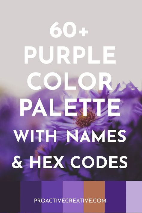 66+ Purple Color Palette With Names & Hex Codes - Proactive Creative - Guides for Visual Artists Blue Grey Purple Color Palette, Purple Swatches Colour Palettes, Black White Purple Color Palette, Purple Color Palette Hex Codes, Colors That Go With Purple, Purple And Black Color Palette, Color Schemes Purple, Dark Purple Paint Colors, Dark Purple Color Palette