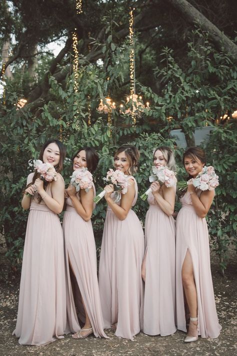 sweet blush pink bridesmaid wedding photos under romantic lights Blush Bridesmaid Dresses Long, Rustic Romance Wedding, Rustic Bridesmaids, Blush Pink Bridesmaids, Blush Pink Bridesmaid Dresses, Blush Bridesmaids, Rustic Romance, Blush Bridesmaid Dresses, Bridesmaid Bouquets