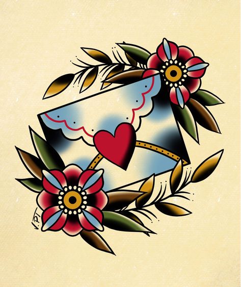 Traditional Tattoo Gap Fillers, Fortune Tattoo, Envelope Tattoo, Traditional Tattoo Filler, Vintage Style Tattoos, Traditional Tattoo Old School, Traditional Tattoo Inspiration, American Traditional Tattoo Ideas, Traditional Tattoo Flowers