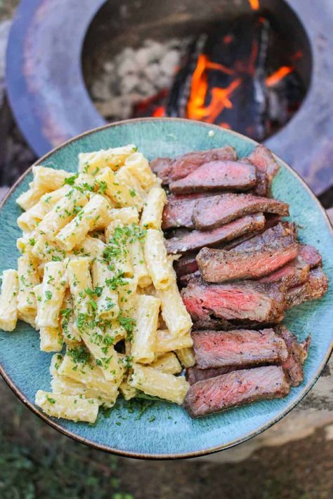 Steak and Cheesy Pasta - Over The Fire Cooking Garlic Herb Steak, Smoked Corned Beef, Creamy Cheesy Pasta, Over The Fire Cooking, Creamy Cheese Sauce, Cooking Over Fire, Lamb Steaks, Lamb Kebabs, Ny Strip Steak