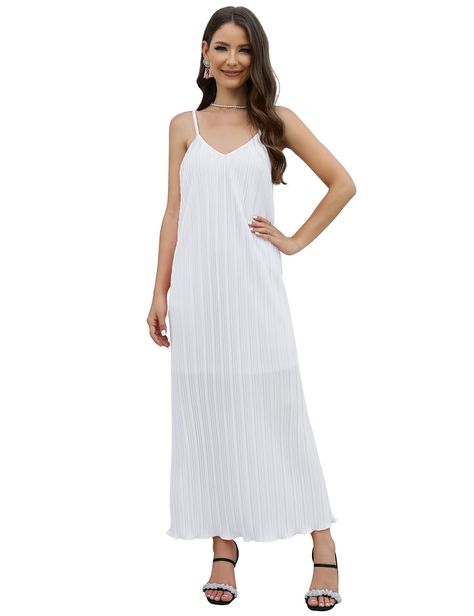 PRICES MAY VARY. Hand Wash Only Long Chiffon Dress, Women Summer Dresses, Chiffon Dress Long, Long Dress Casual, Pleated Maxi Dress, Pleated Maxi, Dress Spaghetti, Summer Dresses For Women, Dress White